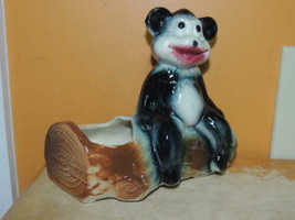 Art Pottery 6&quot;x5.5&quot; Planter Mid Century black bear on log American Bisque - £15.99 GBP