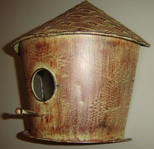Hut Shaped Bird House 10" high Hanging Brown Patina Finish Metal with Perch image 2