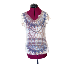One World Top Multicolor Women Embellished V Neck Burnout Size Large Knit - £19.11 GBP