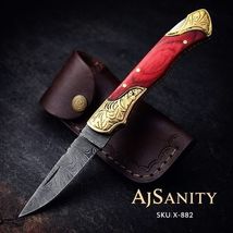 Damascus Folding Blade Pocket Knife- Outdoor Skinner- Engraved Brass Woo... - $32.07