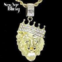 Mighty Lion Iced Crown Cz Pendant 24&quot; Chain 14k Gold Plated Hip Hop Jewelry - £7.48 GBP