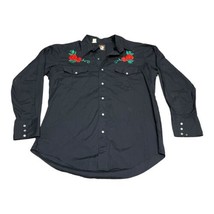 Karman Western Shirt Black Red Rose Vintage Embroidered Pearl Snap Mediu... - $65.44