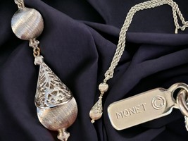 Monet Bolero Necklace Filigree Ball Silver Tone Drop Pendant Chain Vtg 12&quot; Chain - £36.80 GBP