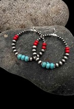 Southwest Navajo Pearl Style Silver Faux Turquoise Coral Hoop Dangle Earrings - £14.34 GBP