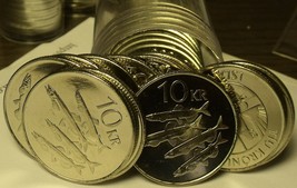Gem Unc Roll (20) Large Iceland 1996 10 Kronur Coins~School Of Capelin Fish~Fr/S - £42.61 GBP