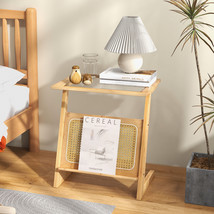 Z-shaped End Table Glass Top Bamboo Side Table w/ Rattan Shelf &amp; Magazin... - £74.26 GBP