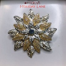 Macy's Holiday Lane Poinsettia Christmas Brooch Enamel and Rhinestone - $7.70