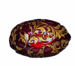 Goofus glass candy dish nut bowl serving plate red gold vine vtg antique deco US - £47.84 GBP