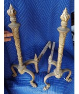 Beautiful Antique Flame Top Solid Brass Andirons - VGC - Torch with Flam... - £212.88 GBP