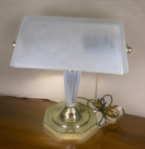 Vintage Brass Bankers Desk Table Lamp Piano Light w/ Frosted Ribbed Glass Shade - $32.93