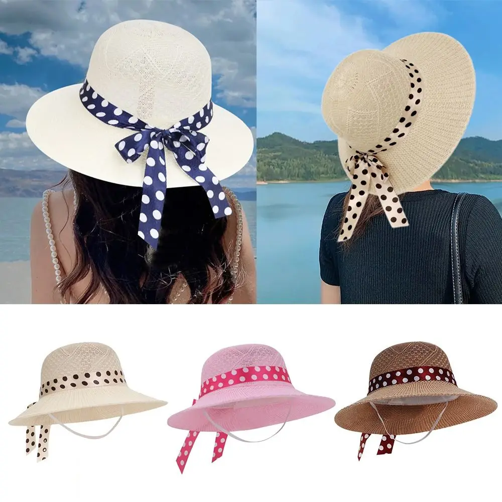 Foldable Beach Hat Sun Visor Cap Straw Hat Breathable Buckets Hat Bowknot Panama - £10.34 GBP