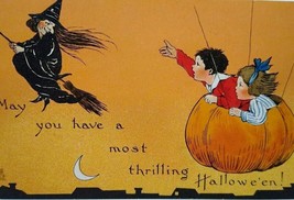 Halloween Postcard Tuck Witch Children In Aircraft JOL Fantasy Series 188 Unused - £49.67 GBP