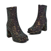 Women Silver Glitter Short Boots Plus Size 47 Ladies Thick High Heels Round Toe  - £74.08 GBP