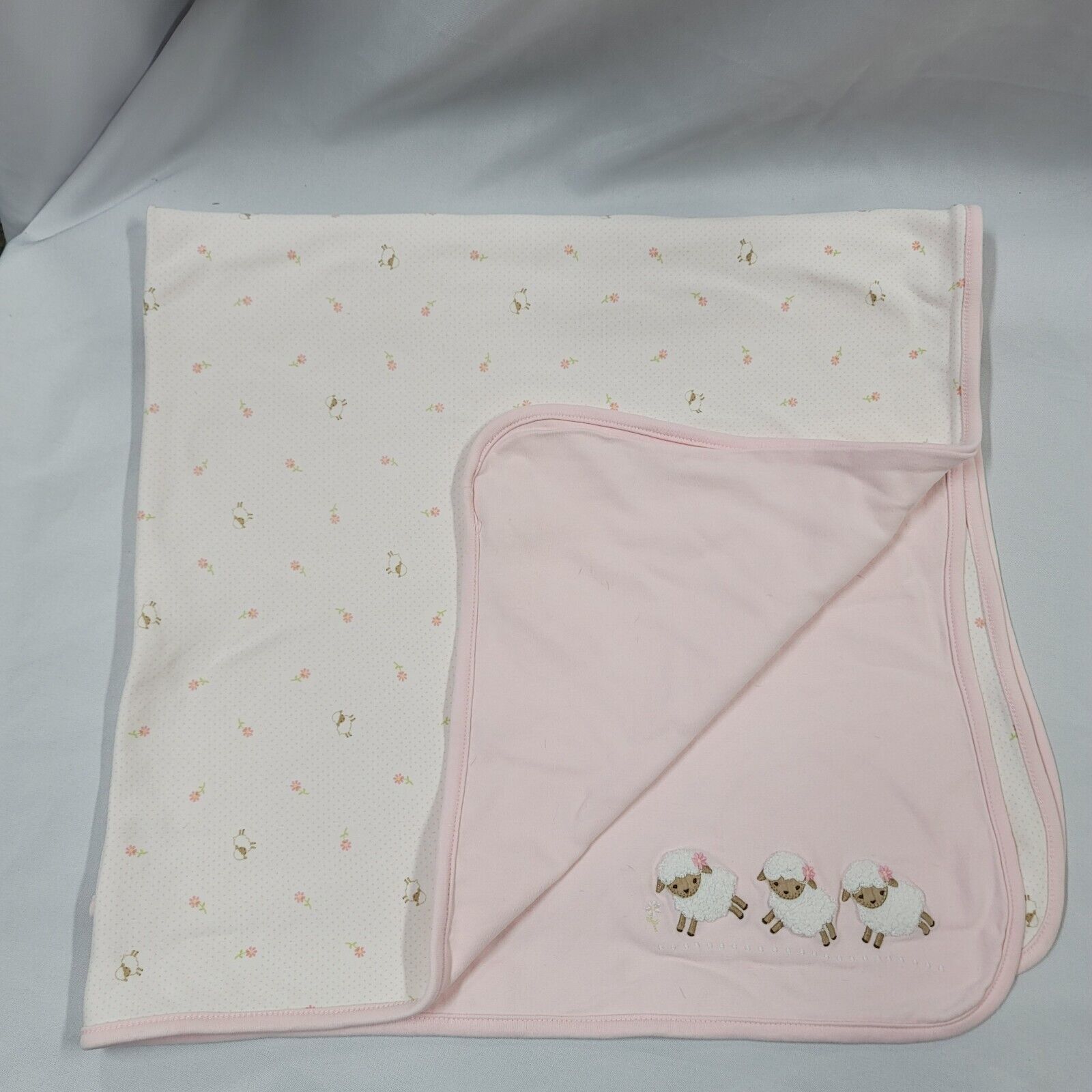 Primary image for 2007 Gymboree Pink 3 Lamb Sheep Cotton Receiving Baby Blanket 30x40