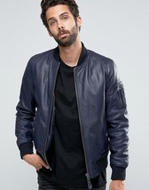 Blue Leather Jacket Men Flight/Bomber Pure Lambskin Size S M L XL XXL Cu... - £110.58 GBP