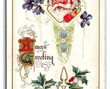 Santa Claus Holly Violet Flowers Christmas Greeting Embossed DB Postcard... - $7.97