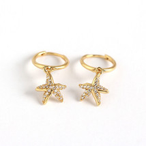 18k Yellow Gold Plated Dangling Starfish Flush Setting Hinged Hoop Earrings 23mm - £38.84 GBP
