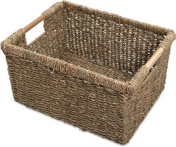 Large Wicker Storage Basket With Wooden Handles, Seagrass Baskets For Shelves, - £39.15 GBP