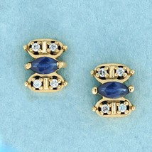 Marquise Blue Sapphire and Diamond Vintage Style Stud Earrings in Solid 9K Gold - £479.52 GBP