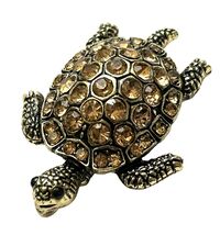 Turtle Shaped Converts from Brooch to Pendant Golden Metal &amp; Amber Rhine... - $14.82