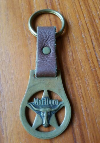 Vintage Brass Marlboro Cigarette Keychain Steer Head and Leather Keychain - $12.59