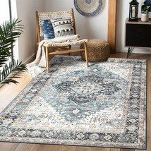 Area Rug 5×7, Vintage Boho Rug,Ultra-Soft Low Pile, Washable, Non, Blue/Navy - $65.95