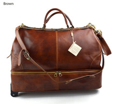 Leather suitcase trolley travel bag doctor bag brown weekender with wheels  - £392.36 GBP