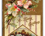Flowers Holly Cabin Scene Merry Christmas Embossed DB Postcard W7 - $3.91