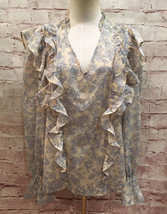 EXPRESS Beige Blue Floral Ruffle Sheer Blouse Romantic Cottage Core  Siz... - £20.18 GBP