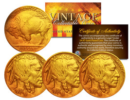 Lot of 3 Various Full Date BUFFALO NICKELS US Coins 24K Gold Plated Indi... - $353.22 MXN