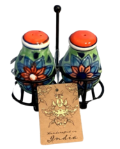 Salt and Pepper Shaker Hand Painted Iron Holder Handcrafted In India Ceramic - £14.70 GBP