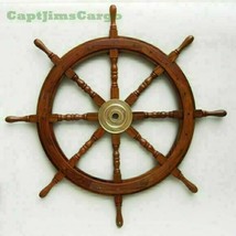 Large 36&quot; Boat Ship Wooden Steering Wheel Brass Center Nautical Wall Décor - £109.52 GBP