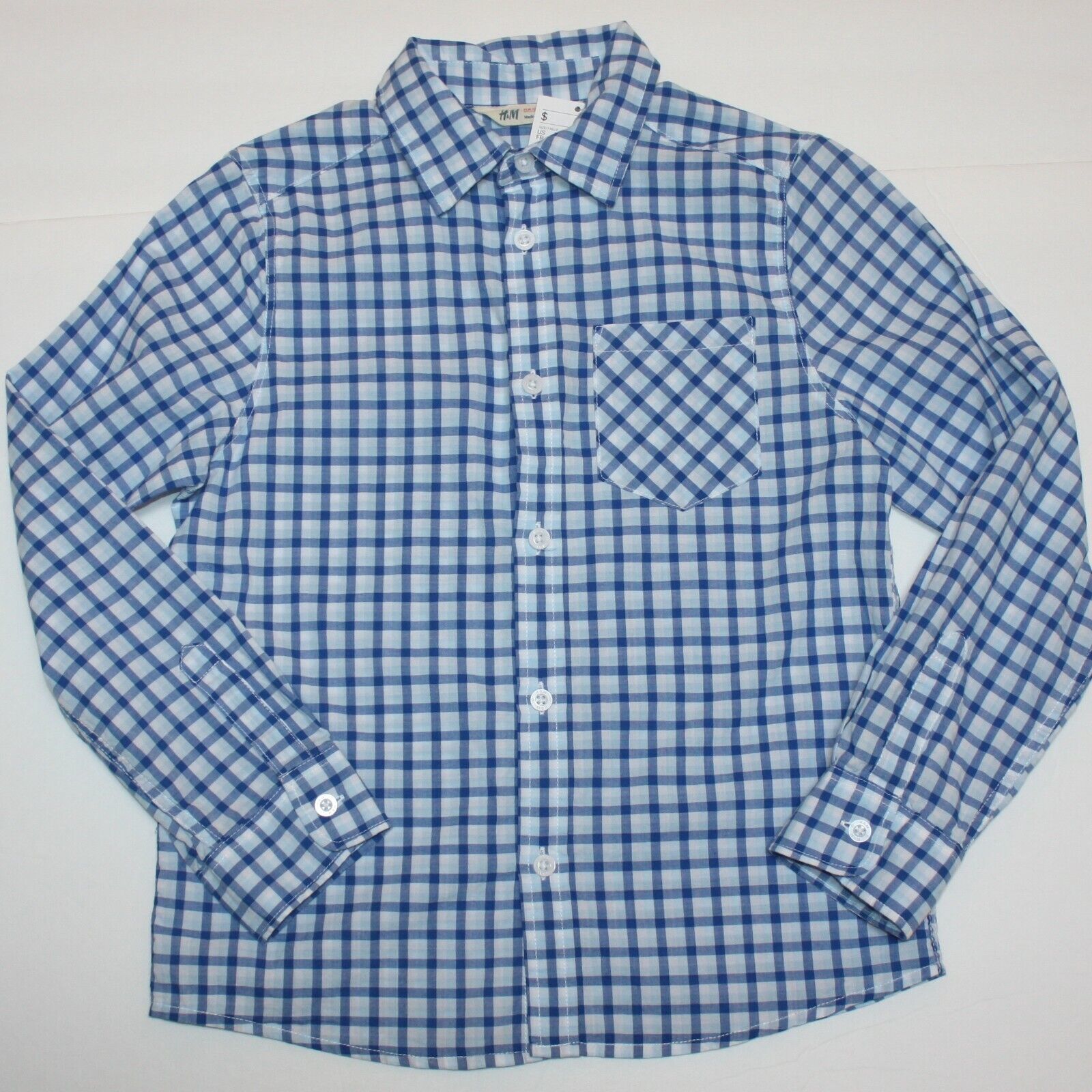 Primary image for H&M Boy's Blue Check Print Dress Shirt Top size 7 8 NWT