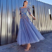 Beautiful Elegant Blue Midi Evening Dress 2022 Luxury Dubai Muslim Ankle Length  - £414.14 GBP