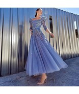 Beautiful Elegant Blue Midi Evening Dress 2022 Luxury Dubai Muslim Ankle... - £415.93 GBP