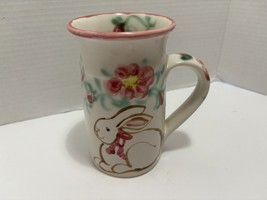 Stoneware Pottery Spring Rabbit Bunny Mug Cup Flowers White Handmade Coffee Tea - £9.71 GBP