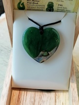 New zealand paua / Jade Heart shape Pendant / Long necklace 45mm - £63.75 GBP