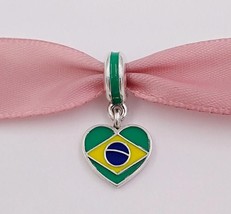 925 Sterling Silver Brazil Heart Travel Flag Dangle Charm with Enamel Pendant  - £14.22 GBP