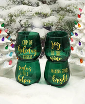 TMD HOLDINGS Santa&#39;s Little Helper Green Stemless Wine Glasses Set, 4 Piece NEW - £14.33 GBP
