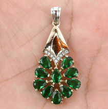 3.00 CT Pear Cut Green Emerald &amp; Diamond Pendant Necklace 14K Yellow Gold Finish - £82.19 GBP