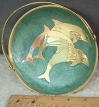 Brass Trinket Tray Candy Dish Dolphins Enamel Hinged Handle Nautical Home Decor - $16.82