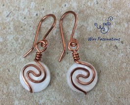 Handmade mother of pearl earrings: copper wire wrapped spiral design - £15.92 GBP