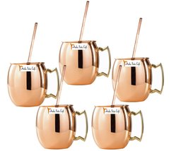 Set of 5 - Prisha India Craft Copper Mug with Straw for Moscow Mules 550 ML / 18 - £45.71 GBP