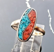 925 Sterling Silver Turquoise And Coral Ring Size 5.75 - £23.76 GBP