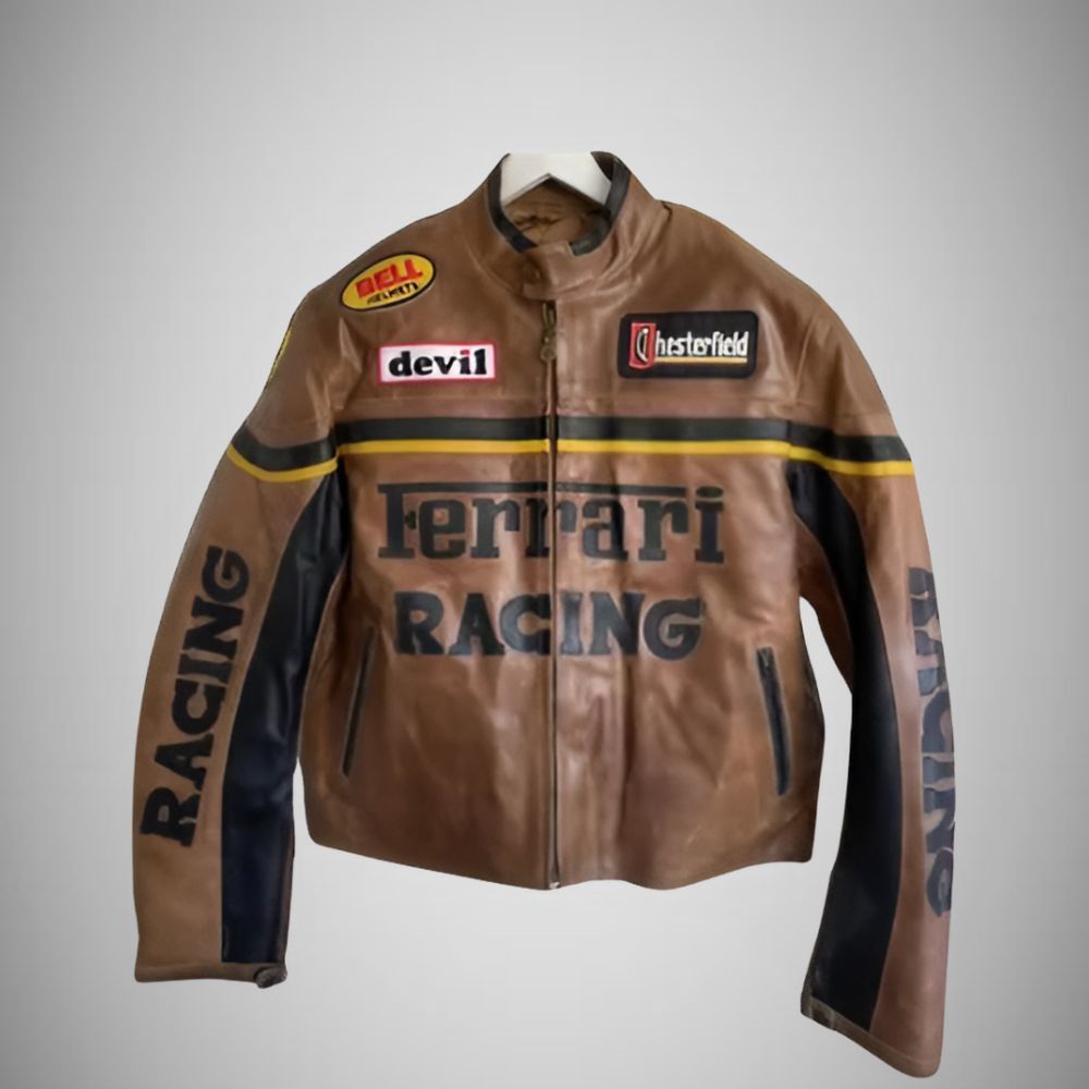Ferrari Brown Leather Jacket - Rare Retro F1 Racing Moto Style - $250.00