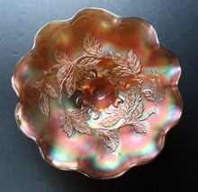 Antique Carnival Glass Cherries Marigold Ruffled Bowl Footed Dugan c.191... - $49.99
