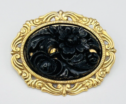 Vintage Black Carved Lucite Flower Oval Brass Brooch Pin - £31.13 GBP