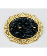 Vintage Black Carved Lucite Flower Oval Brass Brooch Pin - £31.29 GBP