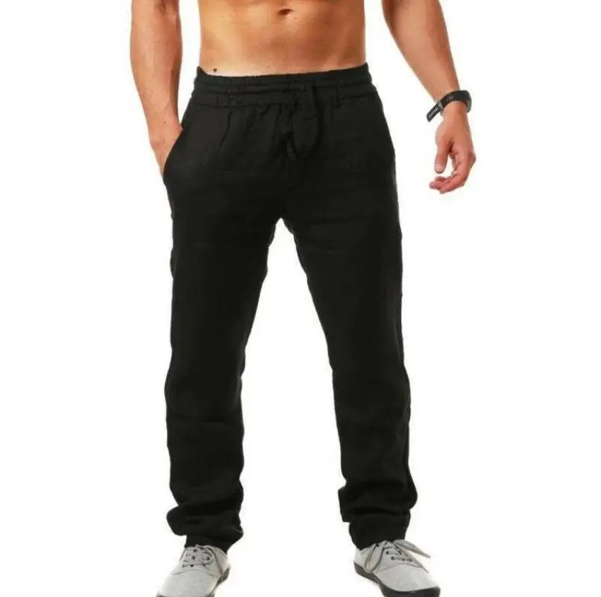 Ew men s cotton linen pants male summer autumn new breathable solid color elastic waist thumb200
