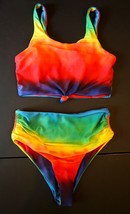 Shein 2pc Bikini Swimsuit Bathing Suit High Cut Ruched Waist Bottoms Rainbow - £15.56 GBP